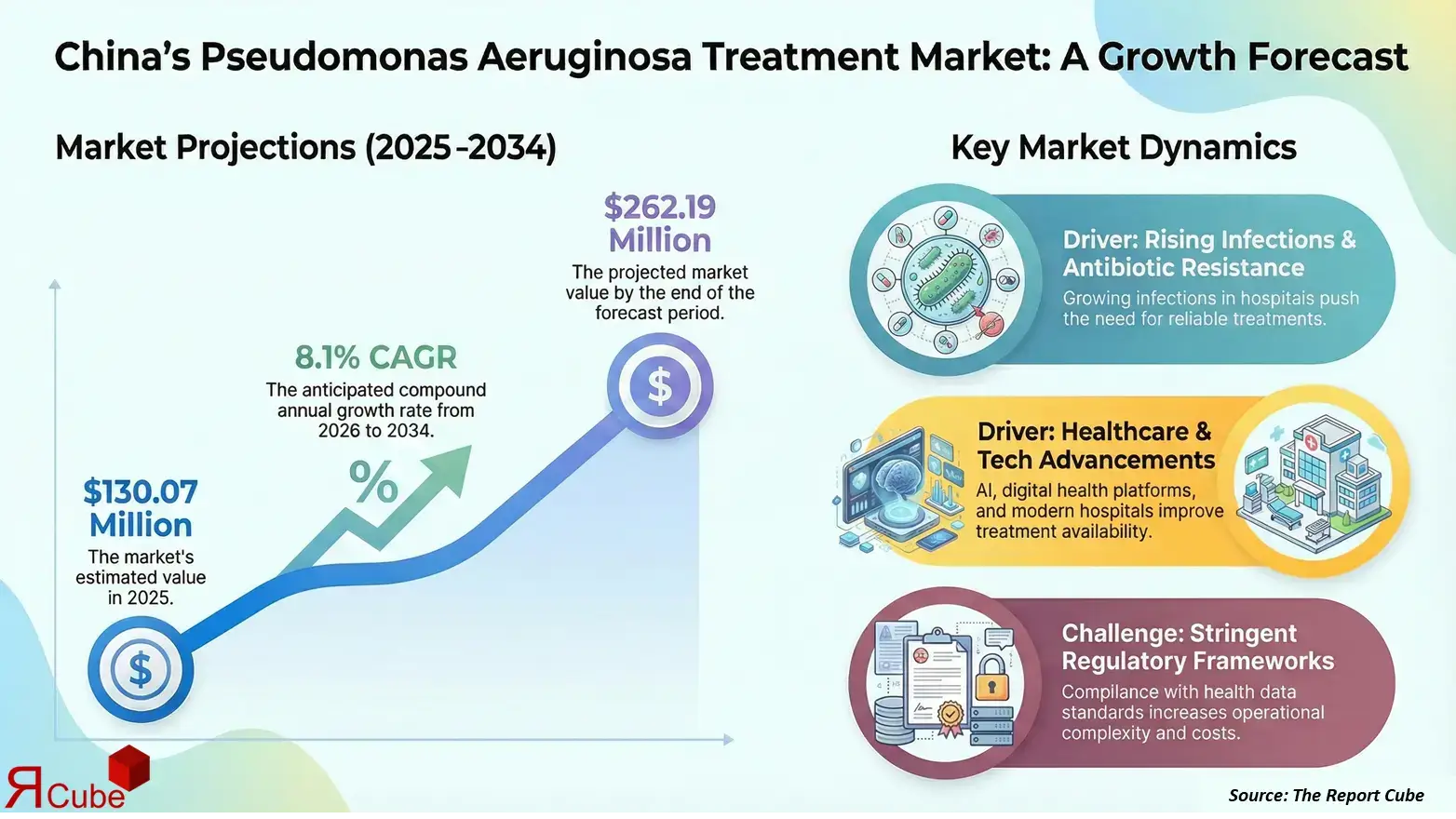 China Pseudomonas Aeruginosa Treatment Market 2026-2034 infographic showing market segmentation and growth outlook
