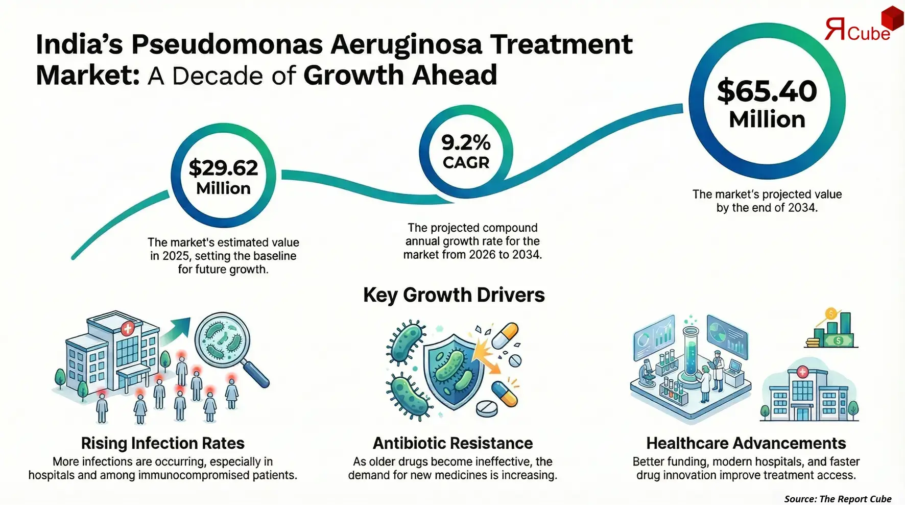 India Pseudomonas Aeruginosa Treatment Market 2026-2034 infographic showing market segmentation and growth outlook