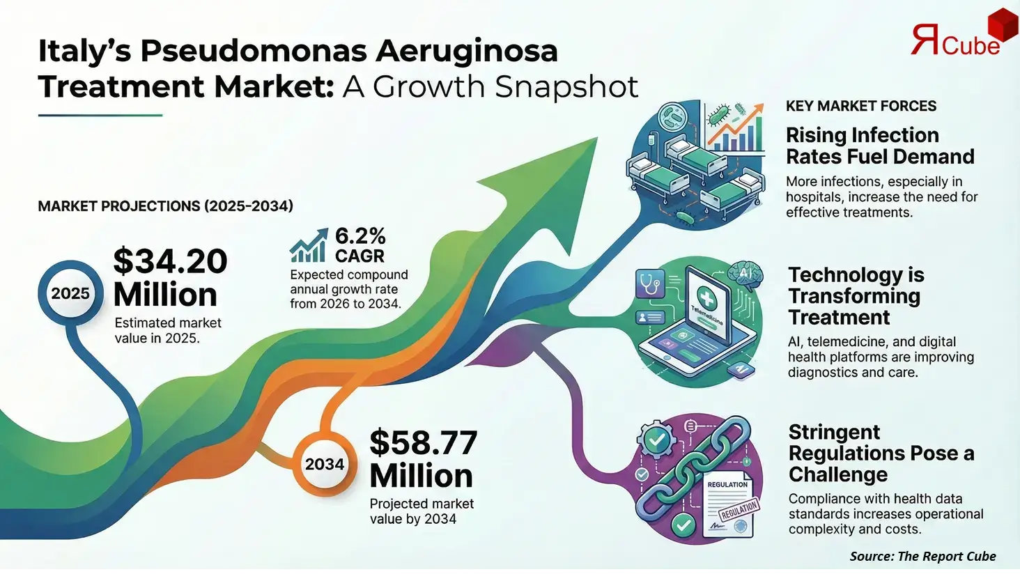 Italy Pseudomonas Aeruginosa Treatment Market 2026-2034 infographic highlighting key trends and demand drivers