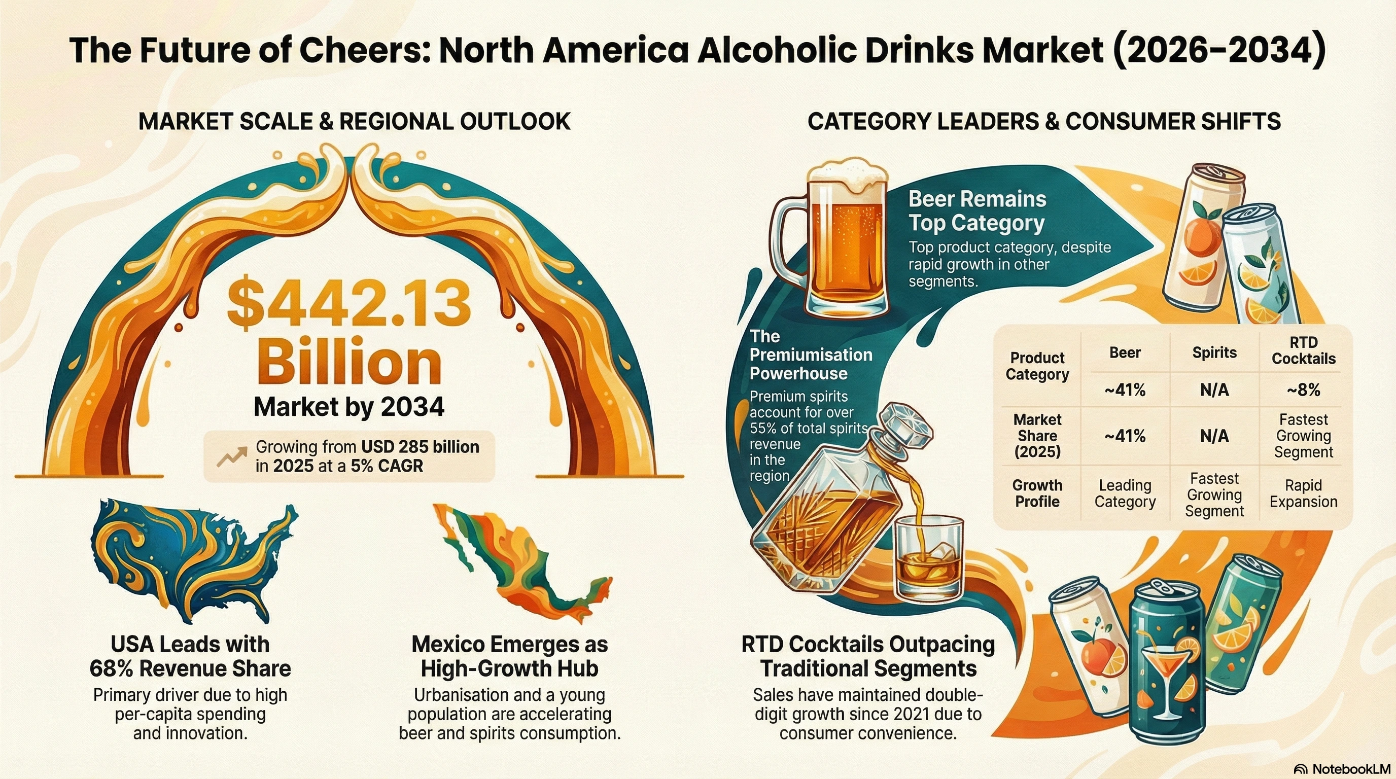 North America Alcoholic Drinks Market 2026-2034 infographic presenting market share and future forecast