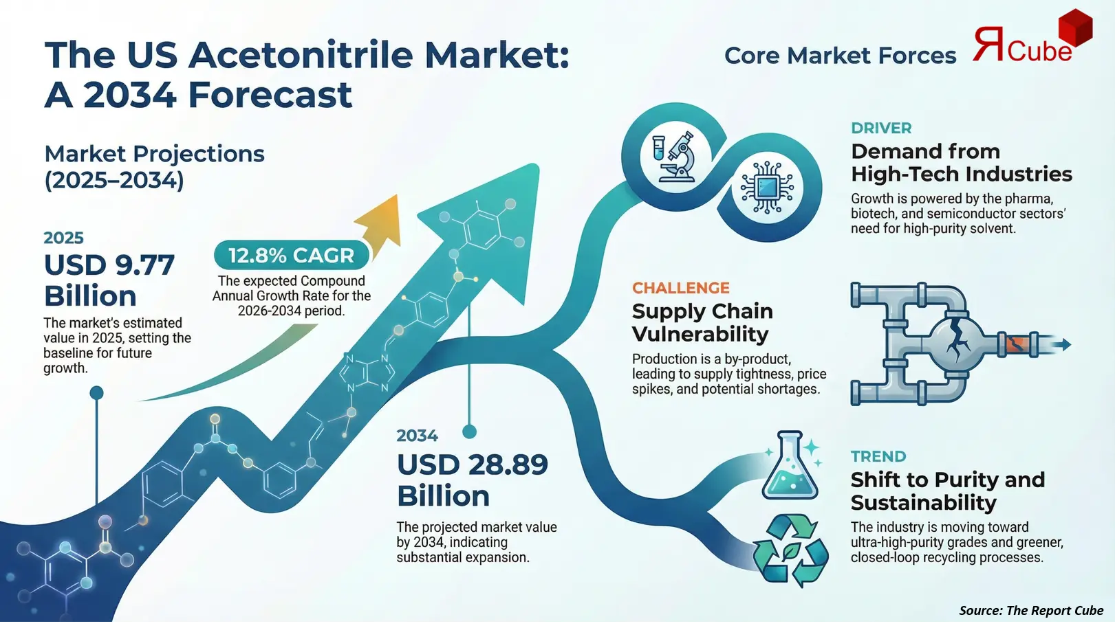 US Acetonitrile Market 2026-2034 infographic showing market segmentation and growth outlook