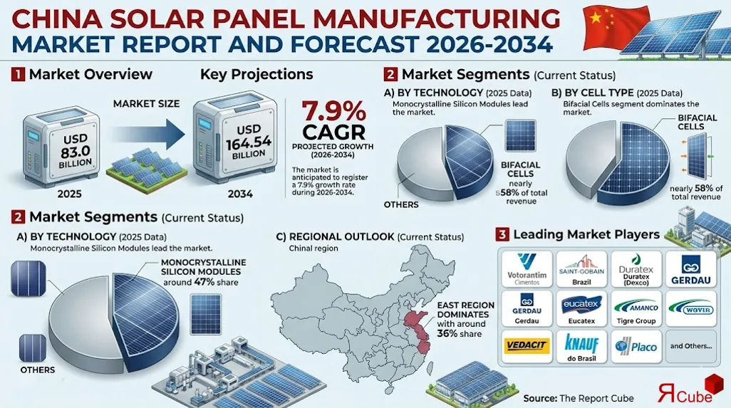 China Solar Panel Manufacturing Market 2026-2034 infographic showing market segmentation and growth outlook