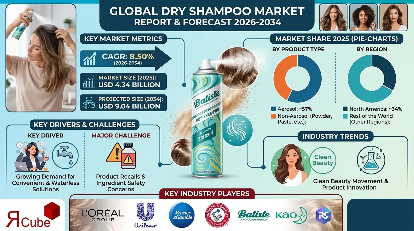 Global Dry Shampoo Market 2026-2034 infographic highlighting key trends and demand drivers