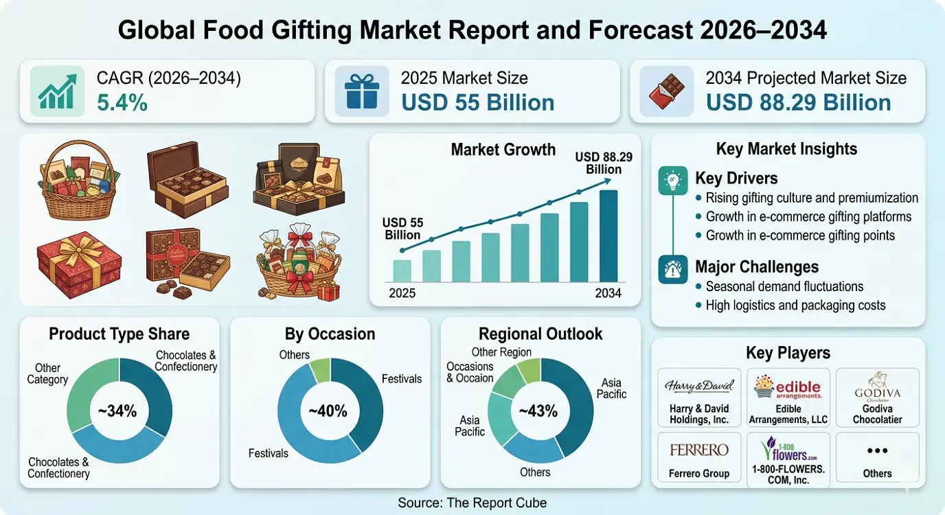 Global Food Gifting Market 2026–2034 infographic showing market segmentation and growth outlook