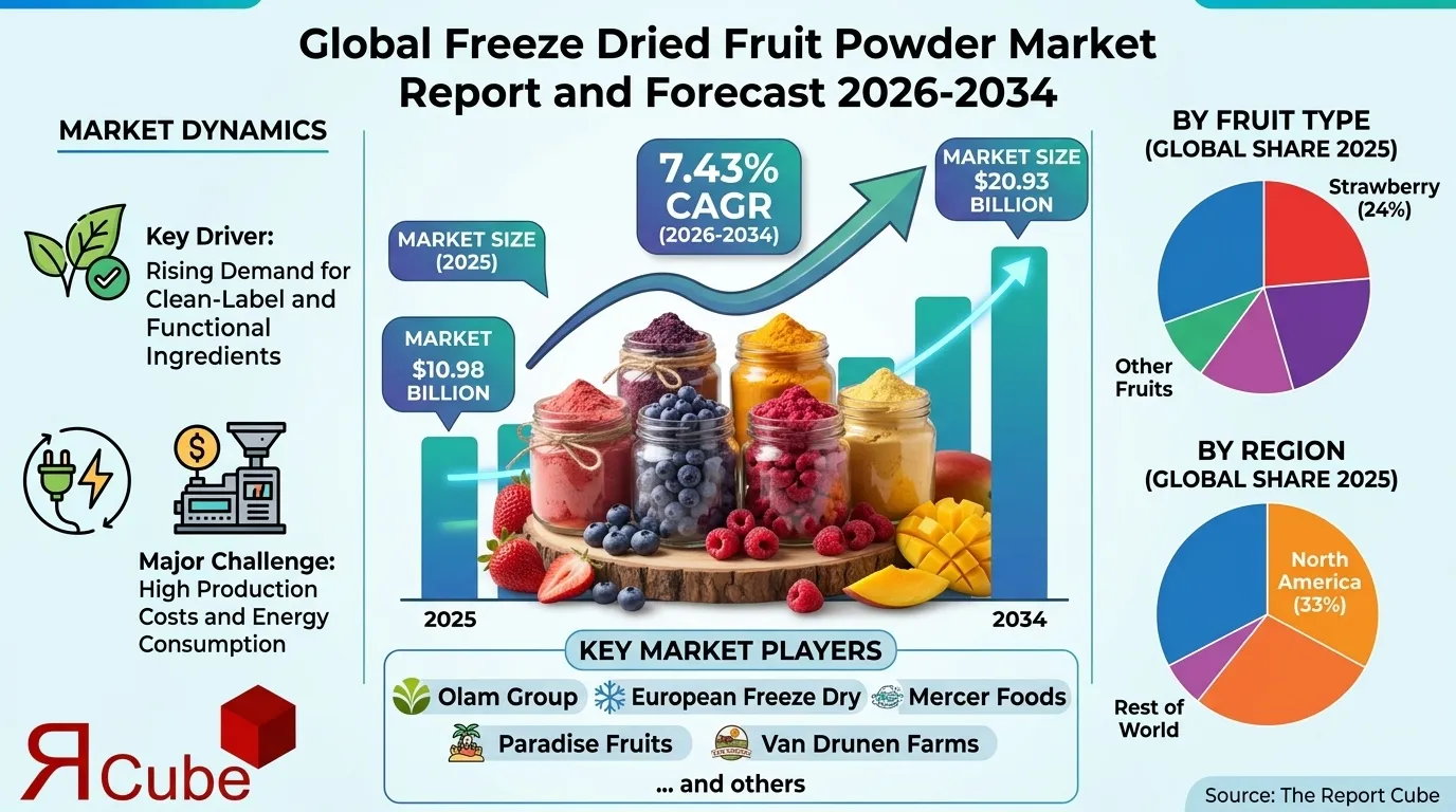 Global Freeze Dried Fruit Powder Market 2026-2034 infographic showing market segmentation and growth outlook