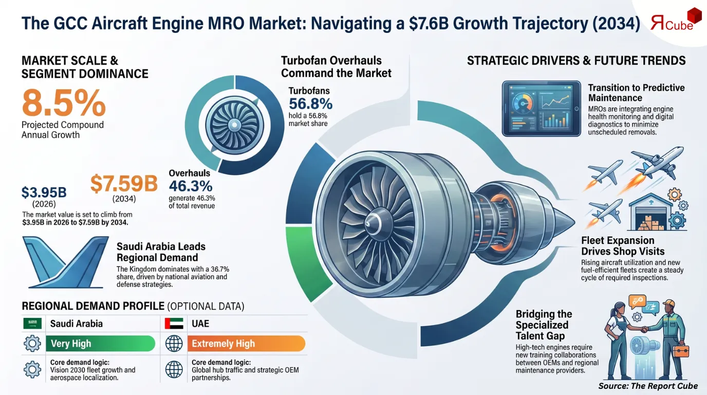 GCC Aircraft Engine MRO Market to Reach USD 7.59 Billion by 2034 at 8.5% CAGR