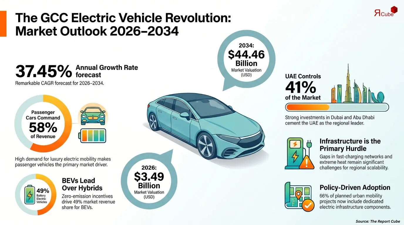GCC Electric Vehicle Market 2032 infographic explaining market structure and opportunities