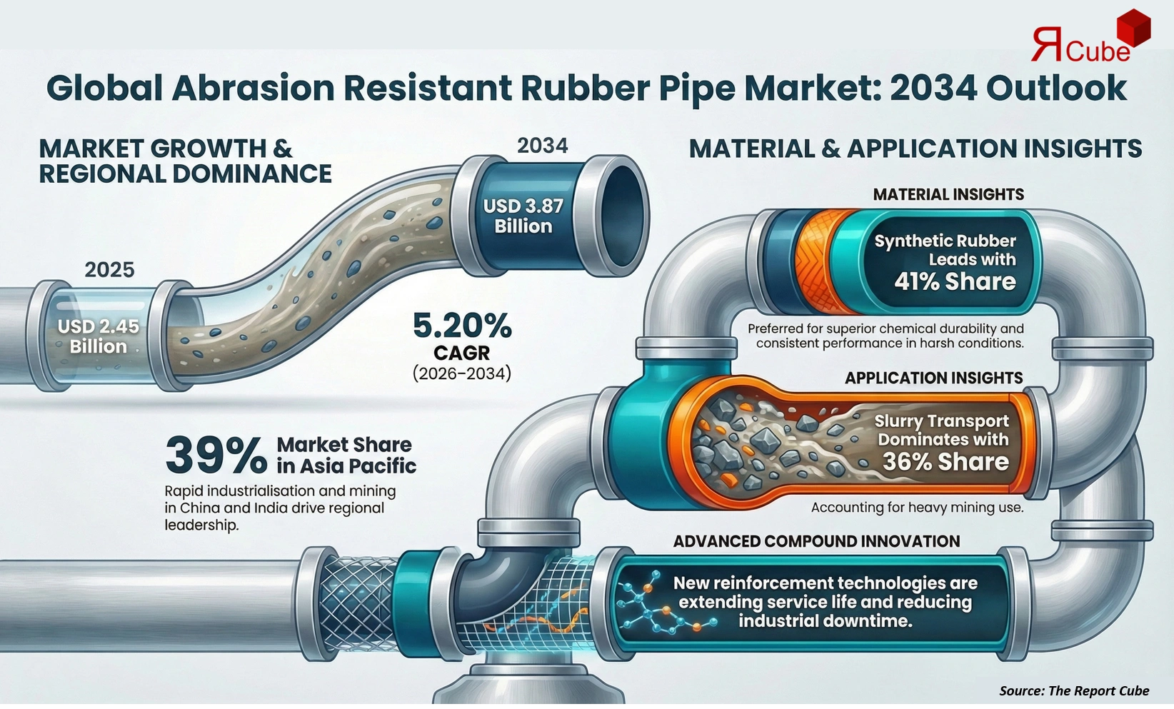 Global Abrasion Resistant Rubber Pipe Market 2026-2034 infographic presenting market share and future forecast