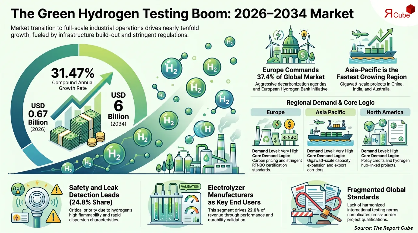 Green Hydrogen Testing Market Size to Reach USD 6 Billion by 2034 at 31.47% CAGR