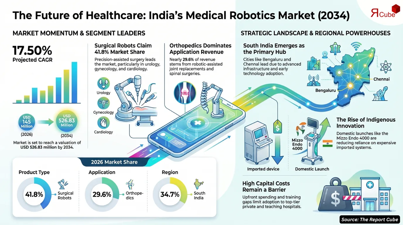 India Medical Robots Market to Hit USD 526.8 Million by 2034 at 17.5% CAGR