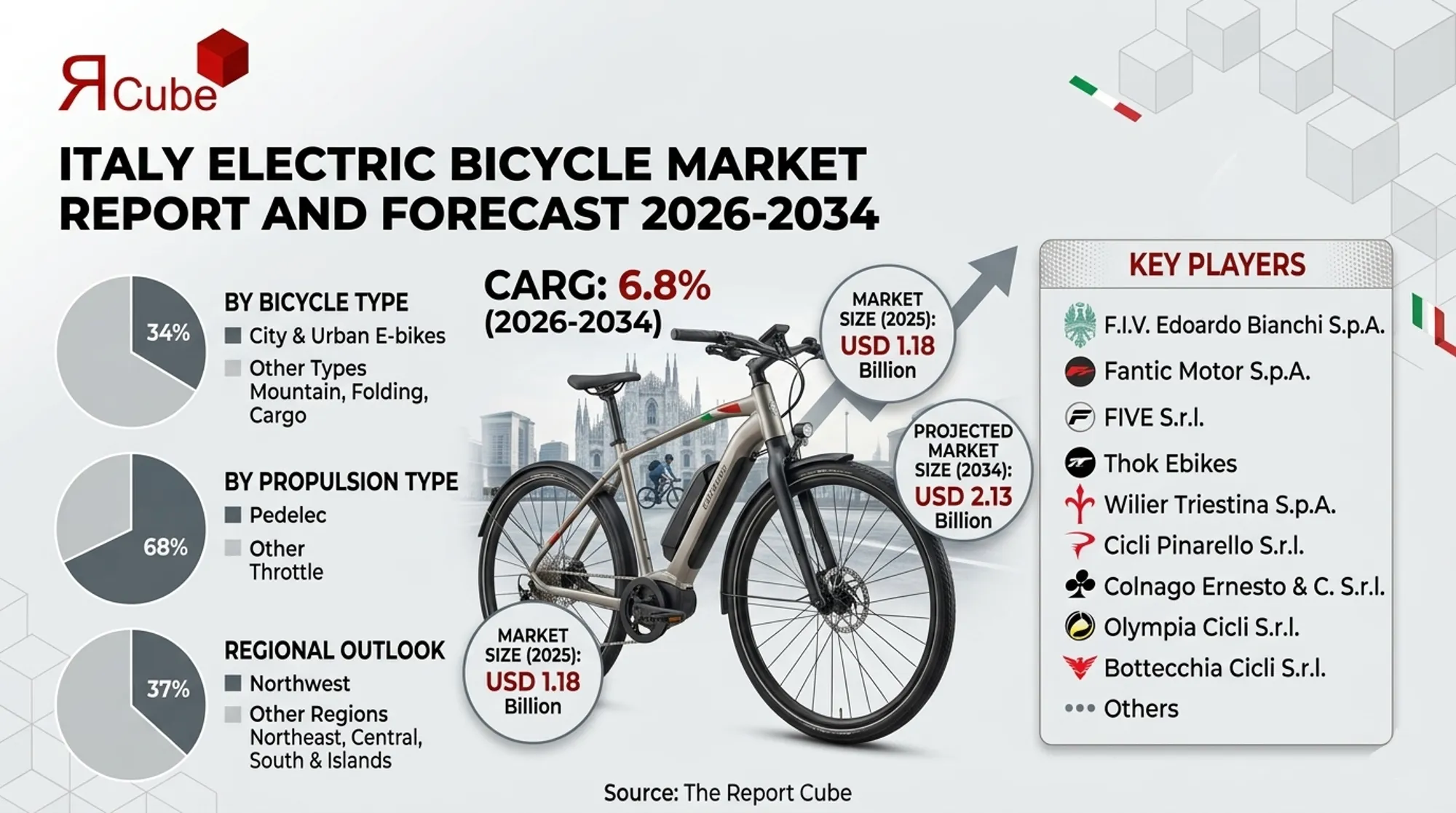 Italy Electric Bicycle Market 2026-2034 infographic covering competitive landscape and insights
