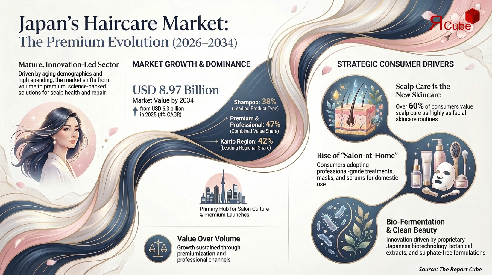 Japan Haircare Products Market 2026-2034 infographic presenting market share and future forecast