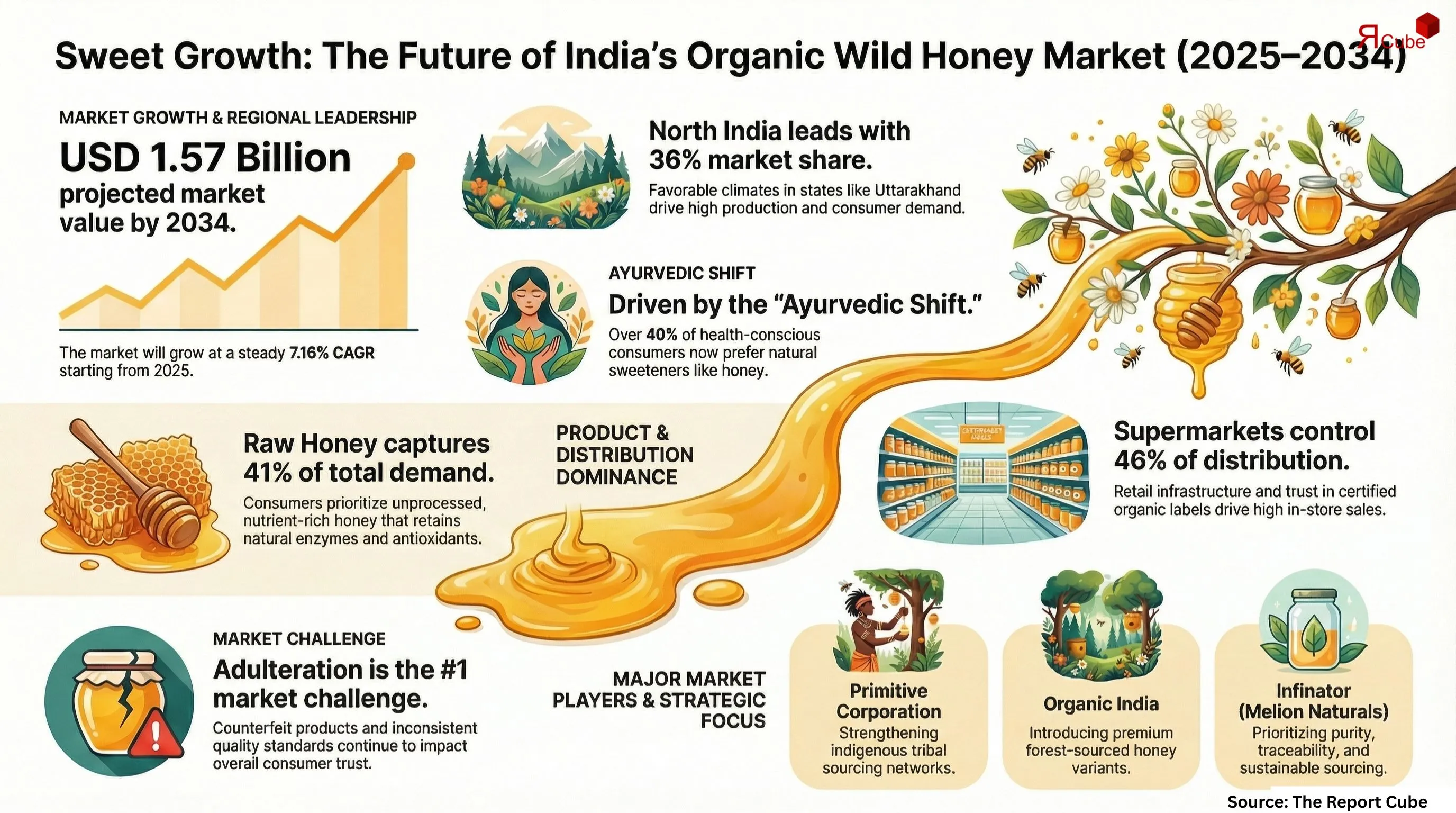 India Organic Wild Honey Market 2026-2034 infographic showing market segmentation and growth outlook