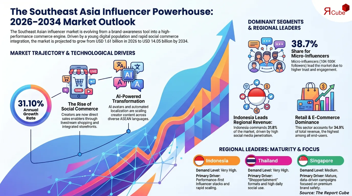 Southeast Asia Influencer Market to Reach USD 14.05 Billion by 2034, Growing at 31.1% CAGR