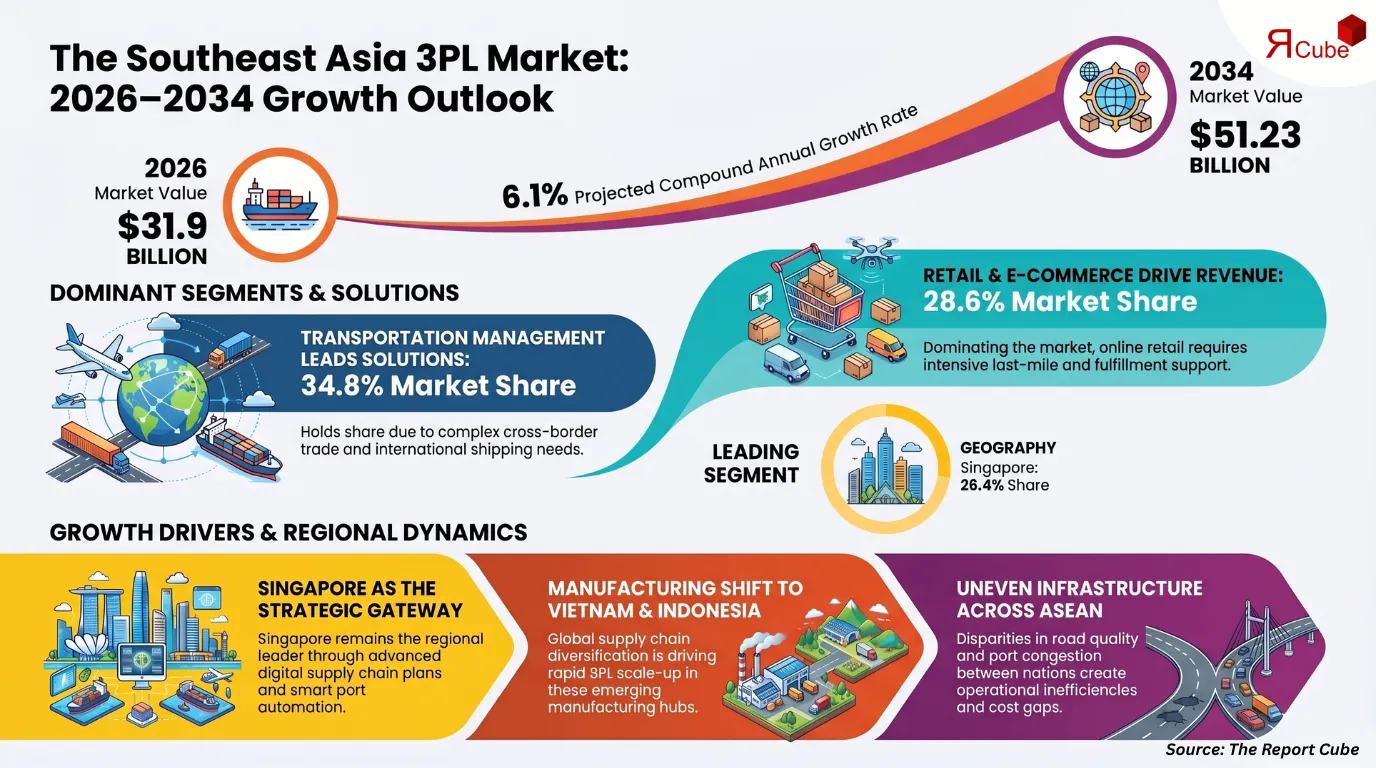 Southeast Asia 3PL Market to Reach USD 51.23B by 2034, Growing at 6.1% CAGR