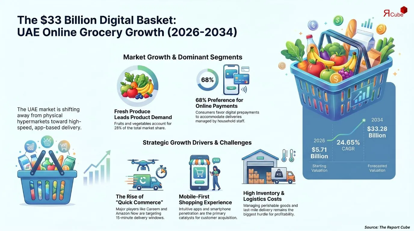 UAE Online Grocery Delivery Market 2024-2032 infographic presenting market share and future forecast