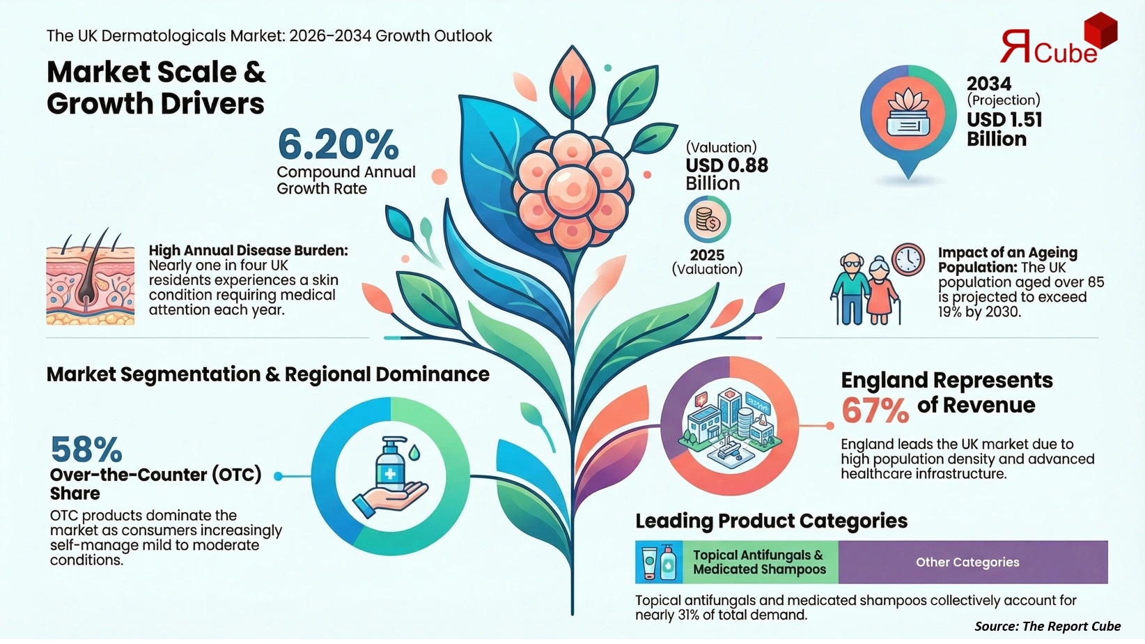 UK Dermatologicals Market 2026-2034 infographic explaining market structure and opportunities
