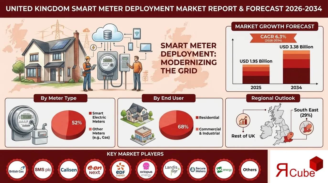 United Kingdom Smart Meter Deployment Market 2026-2034 infographic highlighting key trends and demand drivers
